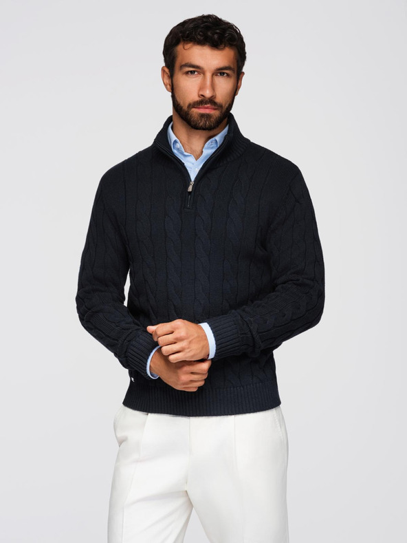 Ombre Clothing Férfi kockás kötött pulóver cipzárral - fekete V2 OM-SWZS-0138 Ombre Clothing