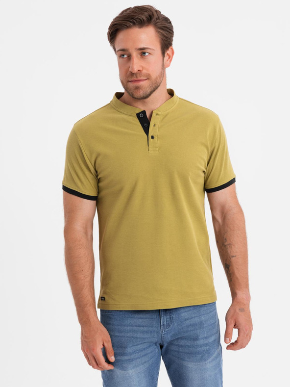Ombre Clothing Férfi casual henley nyakkivágású póló kontrasztos szegéllyel - olíva szín V11 OM-TSCT-0156 Ombre Clothing