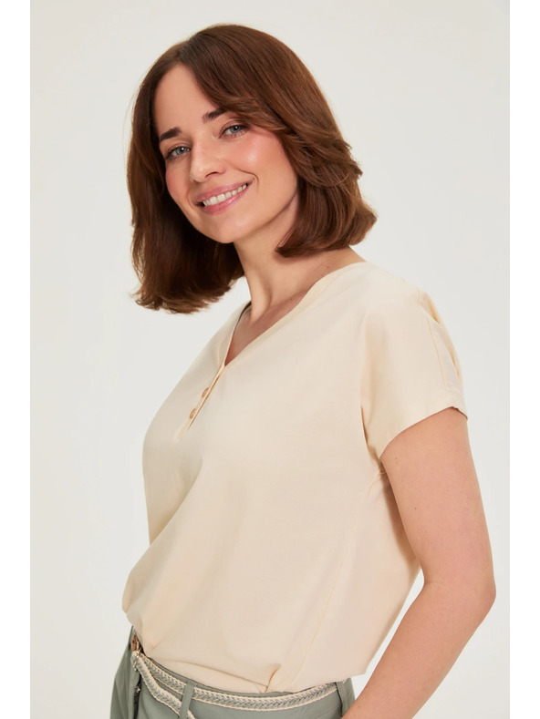 Moodo Bézs pamut V-nyakú blúz Moodo