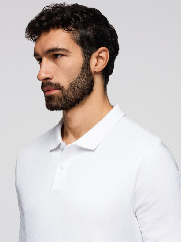 Ombre Clothing Férfi BASIC hosszú ujjú polo nyakú póló - fehér V1 OM-POBL-0162 Ombre Clothing