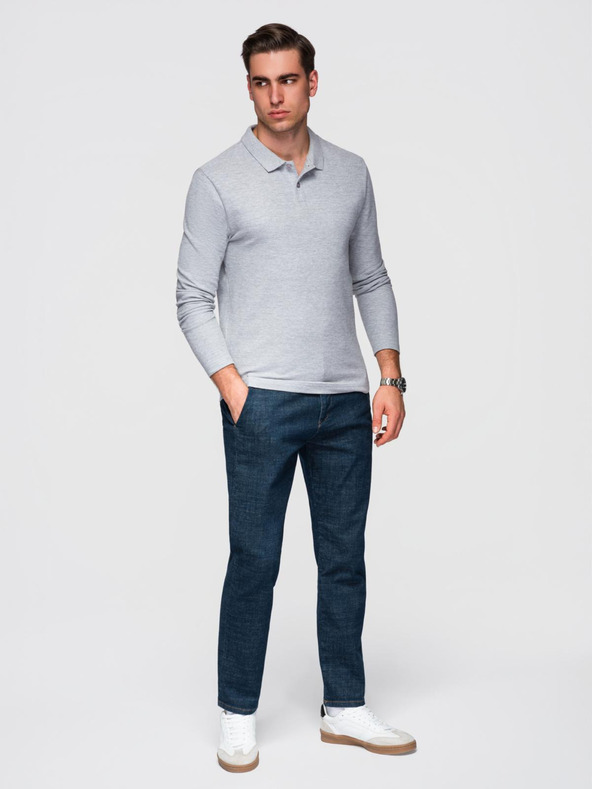 Ombre Clothing Férfi hosszú ujjú polo nyakú póló BASIC - szürke melír V4 OM-POBL-0162 Ombre Clothing