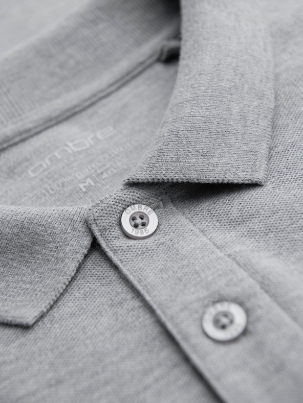 Ombre Clothing Férfi hosszú ujjú polo nyakú póló BASIC - szürke melír V4 OM-POBL-0162 Ombre Clothing