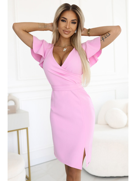 numoco 479-10 NINA elegáns V-nyakú ruha ujjakkal és övvel - cukorka rózsaszín