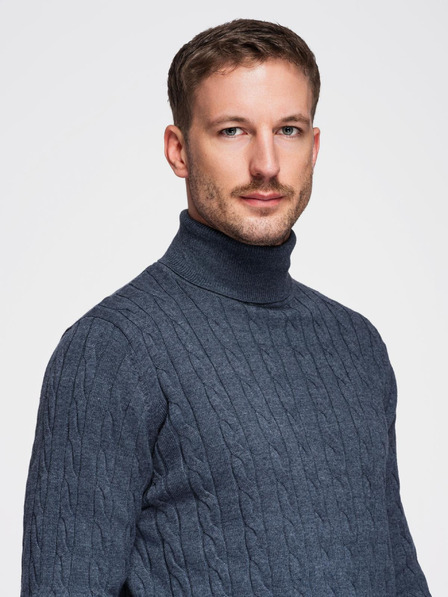 Ombre Clothing Férfi pulóver magasított nyakkal és kockás kötéssel - sötétkék V3 OM-SWTN-0157 Ombre Clothing