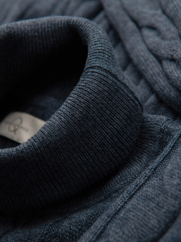 Ombre Clothing Férfi pulóver magasított nyakkal és kockás kötéssel - sötétkék V3 OM-SWTN-0157 Ombre Clothing