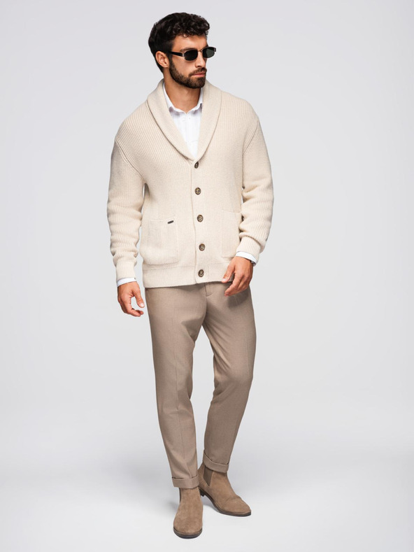 Ombre Clothing Férfi pamut pulóver sálgalléros nyakkivágással - bézs V2 OM-SWCD-0153 Ombre Clothing