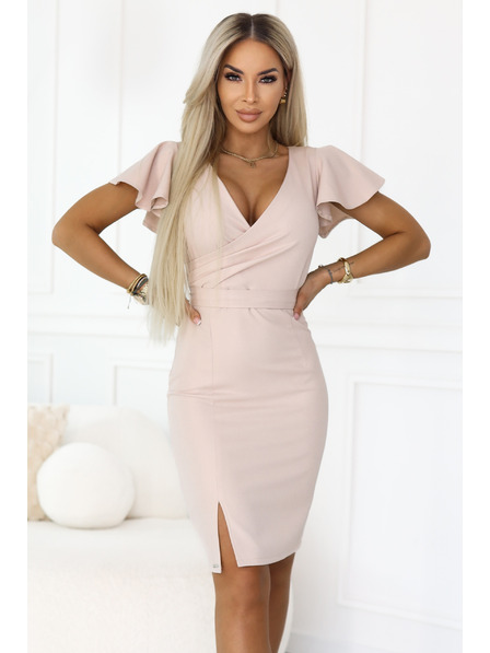 numoco NINA Elegáns ruha burkológó nyakkivágással, ujjal és övessel - bézs csillogással