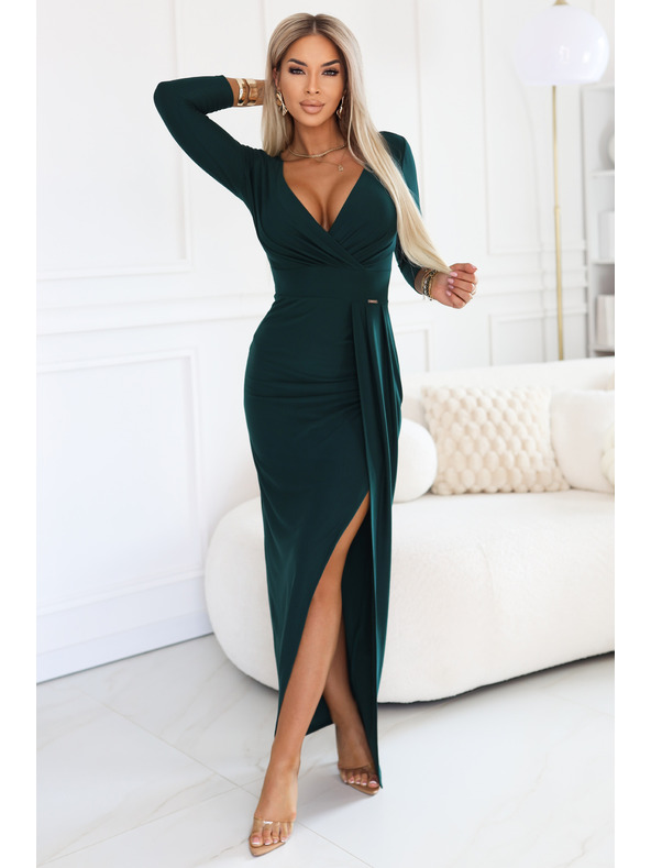 numoco Elegáns hosszú ruha omotó kivágással és hasítással - üvegzöld