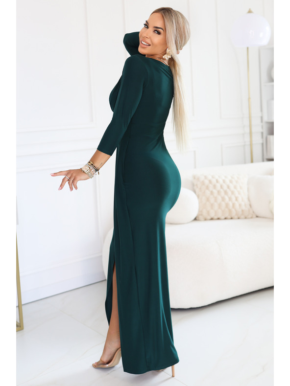 numoco Elegáns hosszú ruha omotó kivágással és hasítással - üvegzöld