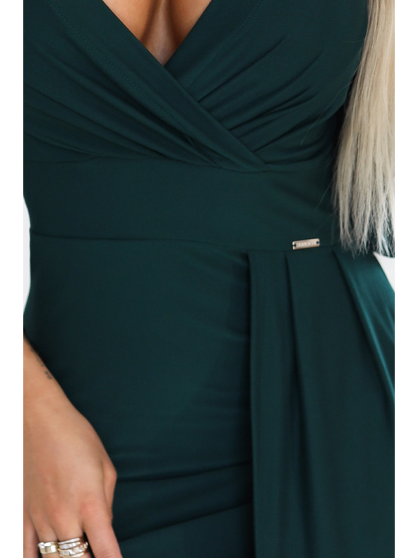 numoco Elegáns hosszú ruha omotó kivágással és hasítással - üvegzöld