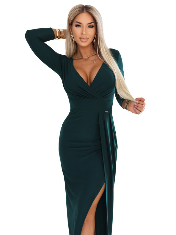 numoco Elegáns hosszú ruha omotó kivágással és hasítással - üvegzöld