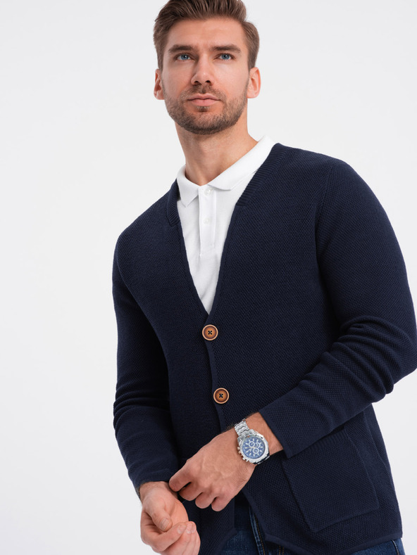 Ombre Clothing Sötétkék férfi kardigán zsebekkel Ombre ruházat