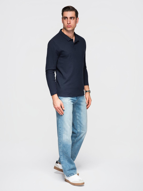 Ombre Clothing Férfi BASIC póló hosszú ujjal és polo nyakkal - sötétkék V3 OM-POBL-0162 Ombre Clothing