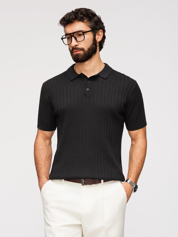 Ombre Clothing Férfi SLIM FIT polópóló viszközből függőleges csíkokkal - fekete V1 OM-POSS-0169 Ombre Clothing