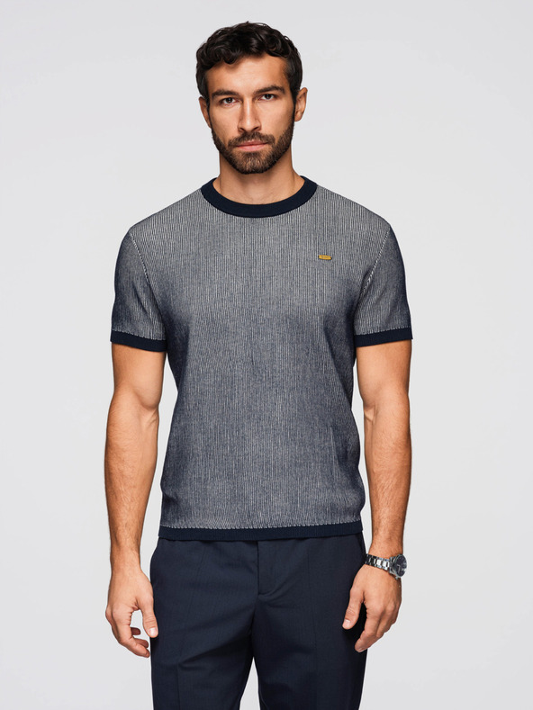 Ombre Clothing Férfi póló strukturált pamut kötésből - sötétkék V2 OM-TSCT-0265 Ombre Clothing