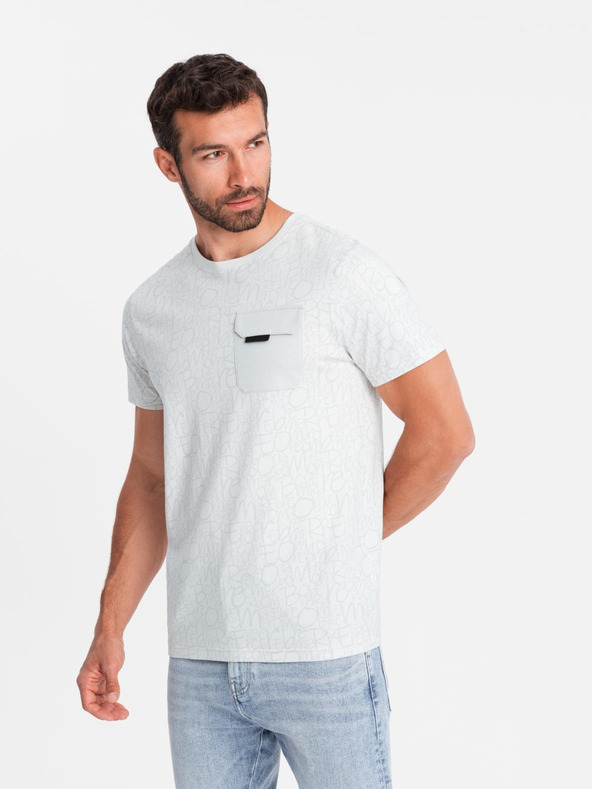 Ombre Clothing Férfi pamut póló nyomott betűkkel és zsebbal - fehér-szürke V3 S2042 Ombre Clothing