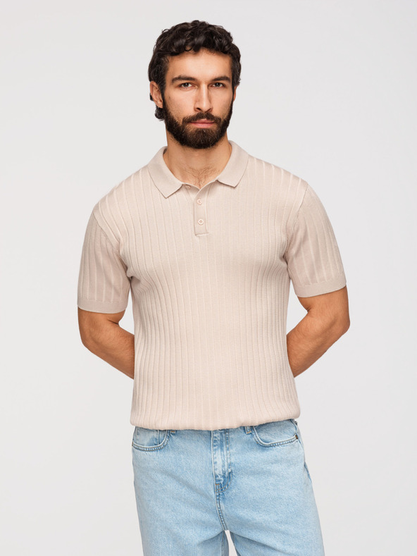 Ombre Clothing Férfi pólóing SLIM FIT viszkózból függőleges csíkokkal - bézs V2 OM-POSS-0169 Ombre Clothing