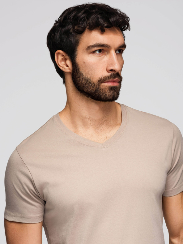 Ombre Clothing Férfi pamut BASIC pólök V nyakkivágással - fehér/homokszín/navy V12 OM-TSBS-0281 Ombre Clothing