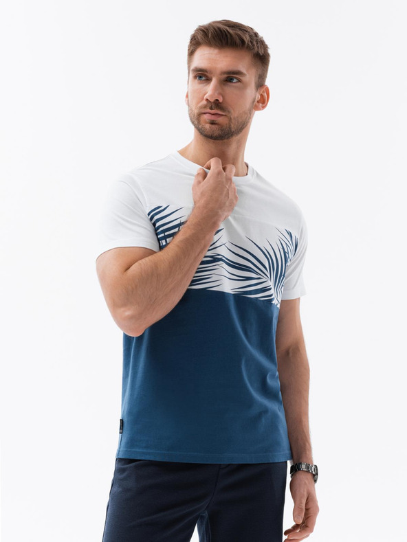 Ombre Clothing Férfi kétszínú pólö pálmalevelek nyomattal - sötét kék V1 OM-TSPT-0177 Ombre Clothing