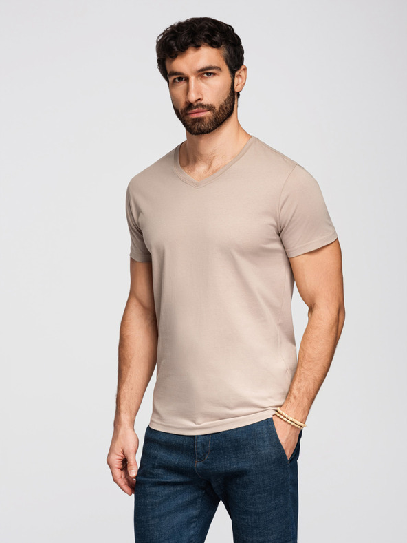 Ombre Clothing Férfi pamut BASIC pólö V nyakkivágással - szürkészöld/fehér/bézs V14 OM-TSBS-0281 Ombre Clothing