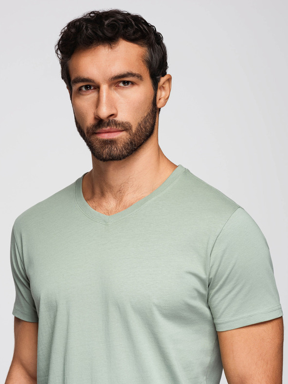 Ombre Clothing Férfi pamut BASIC pólö V nyakkivágással - szürkészöld/fehér/bézs V14 OM-TSBS-0281 Ombre Clothing