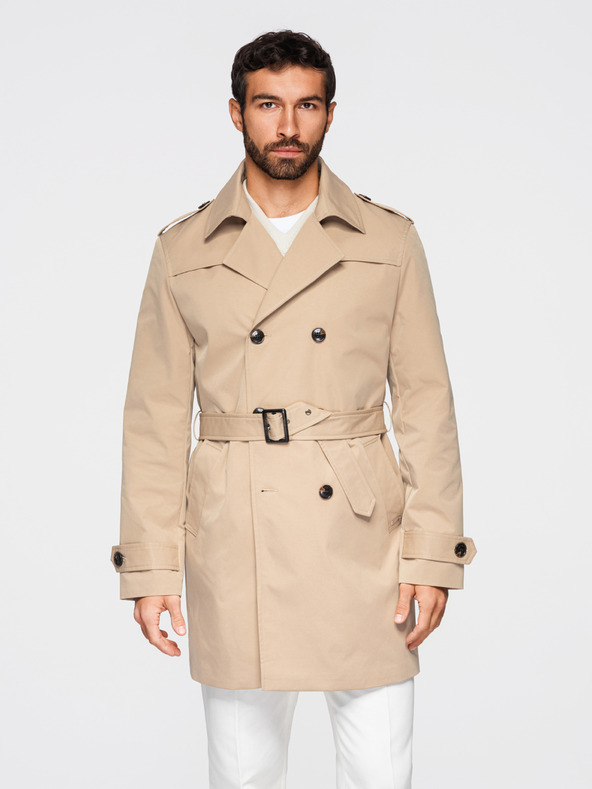 Ombre Clothing Elegáns férfi kétsorú kabát SLIM FIT övvel - bézs V1 OM-COLC-0146 Ombre Clothing