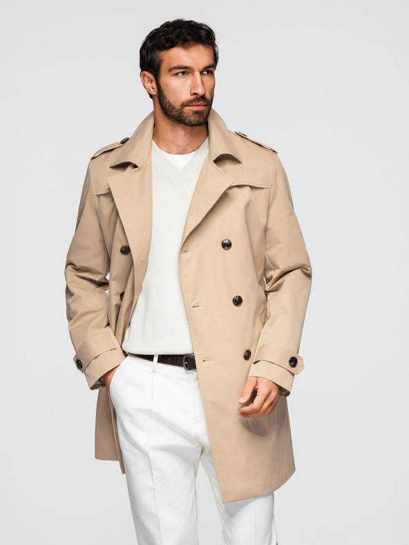 Ombre Clothing Elegáns férfi kétsorú kabát SLIM FIT övvel - bézs V1 OM-COLC-0146 Ombre Clothing