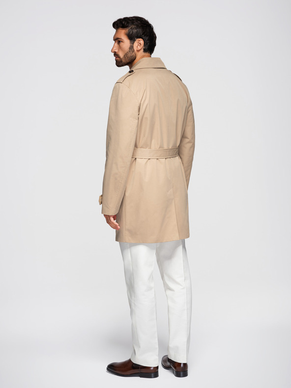 Ombre Clothing Elegáns férfi kétsorú kabát SLIM FIT övvel - bézs V1 OM-COLC-0146 Ombre Clothing