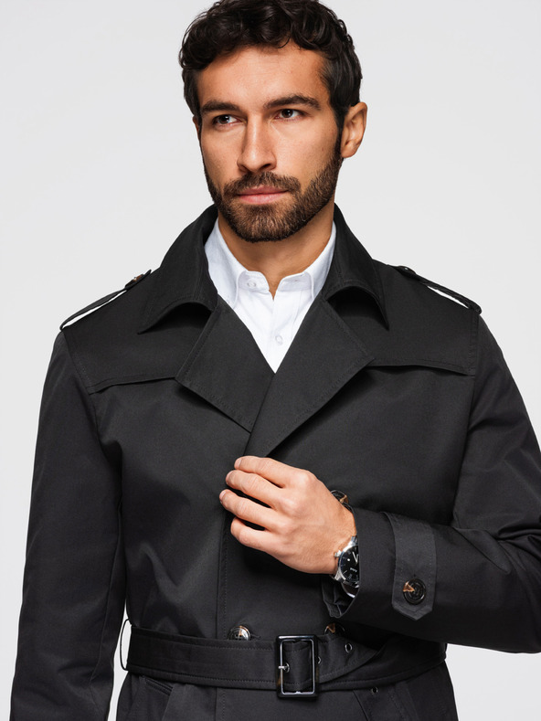 Ombre Clothing Férfi kétsorú elegáns kabát SLIM FIT övvel - fekete V2 OM-COLC-0146 Ombre Clothing