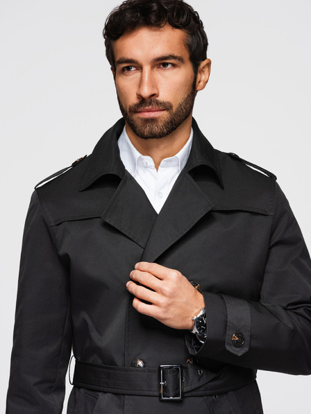 Ombre Clothing Férfi kétsorú elegáns kabát SLIM FIT övvel - fekete V2 OM-COLC-0146 Ombre Clothing