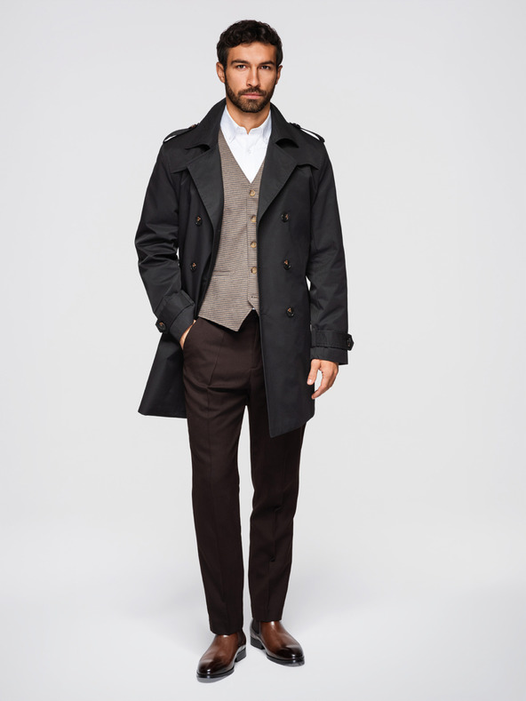 Ombre Clothing Férfi kétsorú elegáns kabát SLIM FIT övvel - fekete V2 OM-COLC-0146 Ombre Clothing