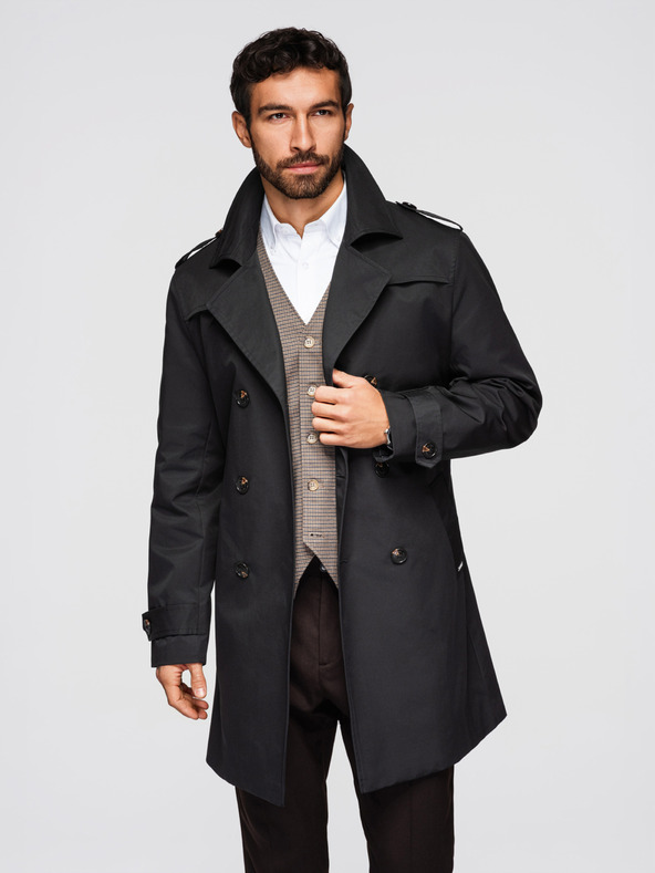 Ombre Clothing Férfi kétsorú elegáns kabát SLIM FIT övvel - fekete V2 OM-COLC-0146 Ombre Clothing