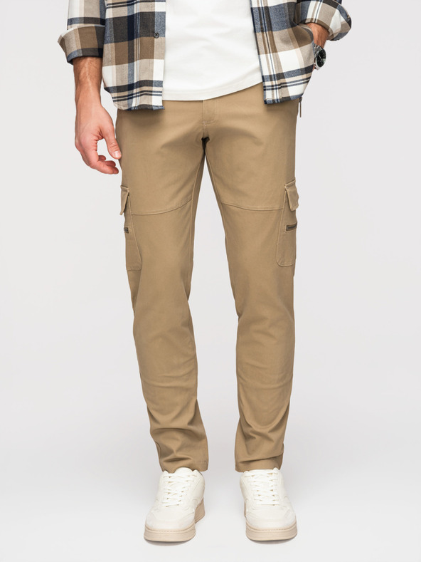 Ombre Clothing Férfi nadrág egyenes szárral és zipzáras zsebekkal - khaki V3 P1517 Ombre Clothing