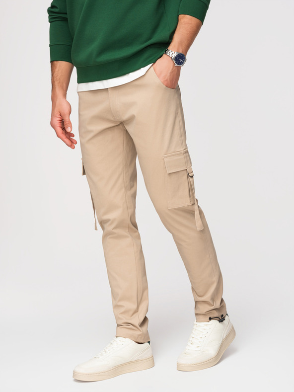 Ombre Clothing Férfi cargo nadrág egyenes szárral és bordázott szegéllyel - homokszín V2 P1516 Ombre Clothing