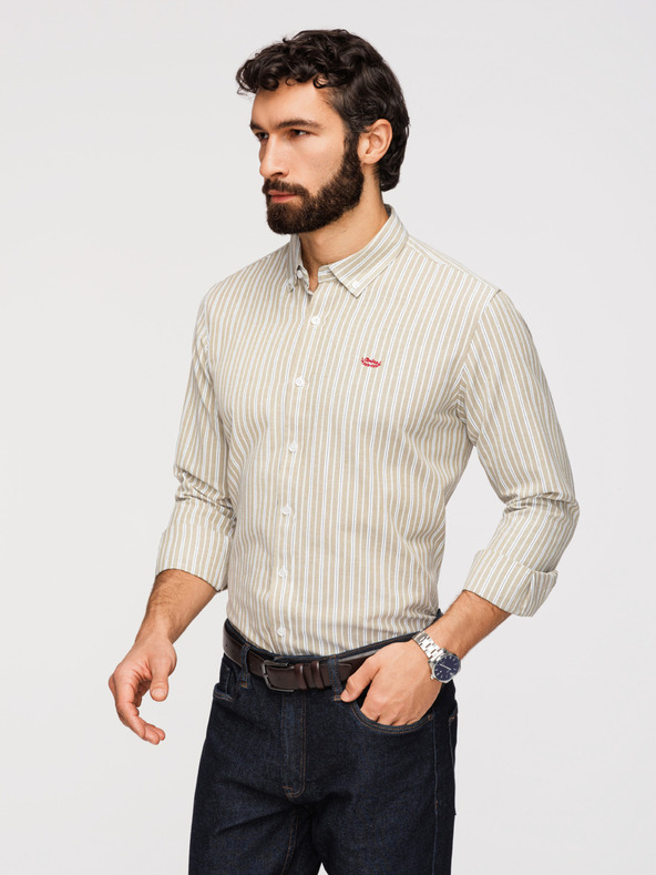 Ombre Clothing Férfi pamut ing REGULAR FIT finom csíkokkal - beige V1 K703 Ombre Clothing