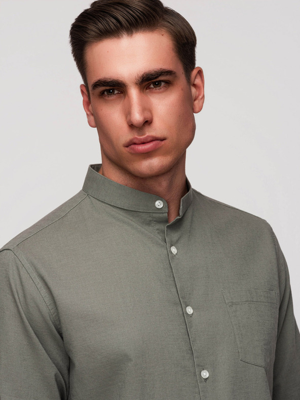 Ombre Clothing Férfi vászon ing álló gallérral és zsebbal REGULAR FIT - khaki V6 K704 Ombre Clothing