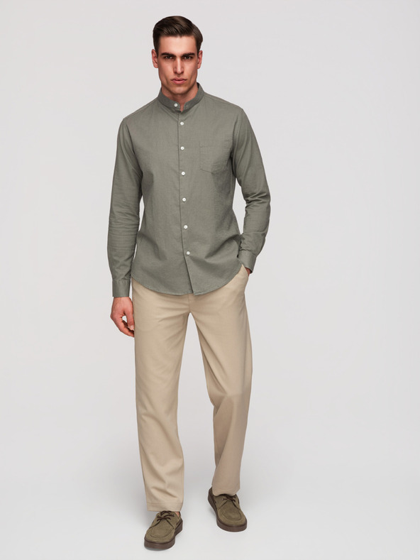 Ombre Clothing Férfi vászon ing álló gallérral és zsebbal REGULAR FIT - khaki V6 K704 Ombre Clothing