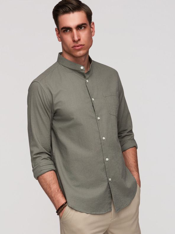 Ombre Clothing Férfi vászon ing álló gallérral és zsebbal REGULAR FIT - khaki V6 K704 Ombre Clothing