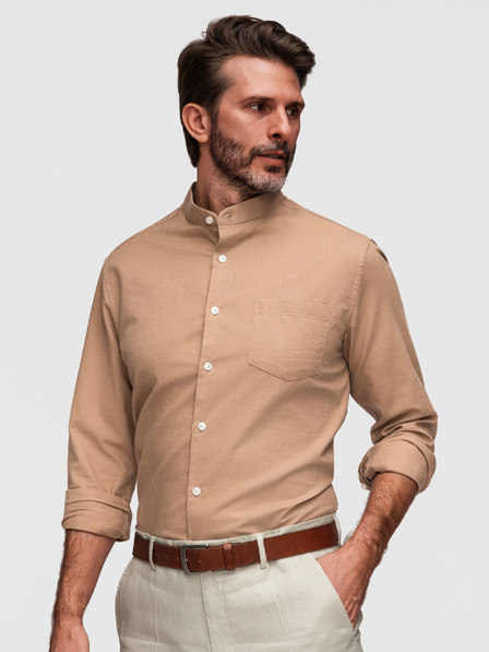 Ombre Clothing Férfi vászon ing álló gallérral és zsebbal REGULAR FIT - világos barna V7 K704 Ombre Clothing