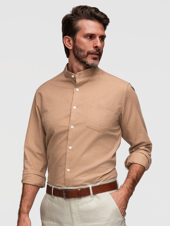 Ombre Clothing Férfi vászon ing álló gallérral és zsebbal REGULAR FIT - világos barna V7 K704 Ombre Clothing