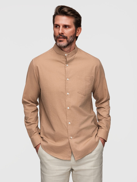 Ombre Clothing Férfi vászon ing álló gallérral és zsebbal REGULAR FIT - világos barna V7 K704 Ombre Clothing