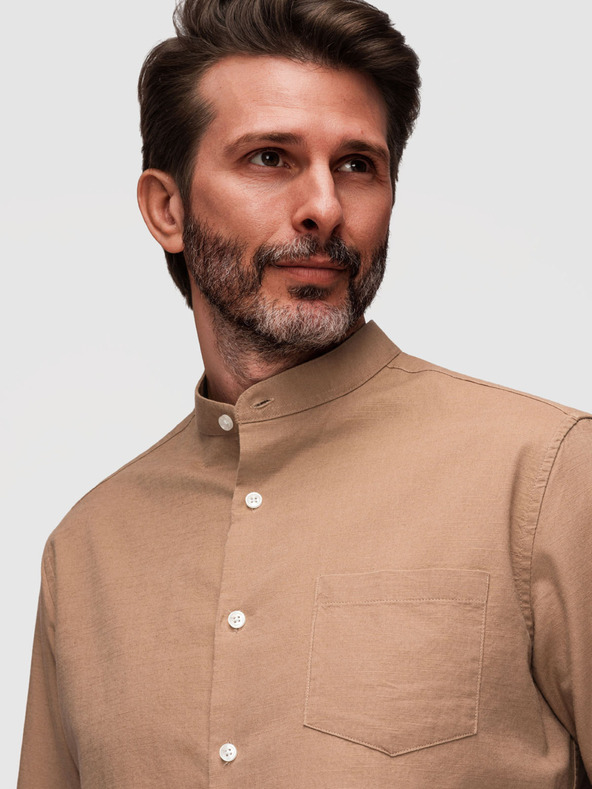 Ombre Clothing Férfi vászon ing álló gallérral és zsebbal REGULAR FIT - világos barna V7 K704 Ombre Clothing