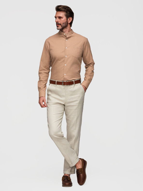 Ombre Clothing Férfi vászon ing álló gallérral és zsebbal REGULAR FIT - világos barna V7 K704 Ombre Clothing