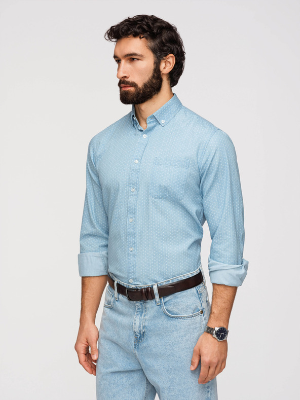 Ombre Clothing Férfi pamut ing finom denimből mintával - világos kék V1 K702 Ombre Clothing