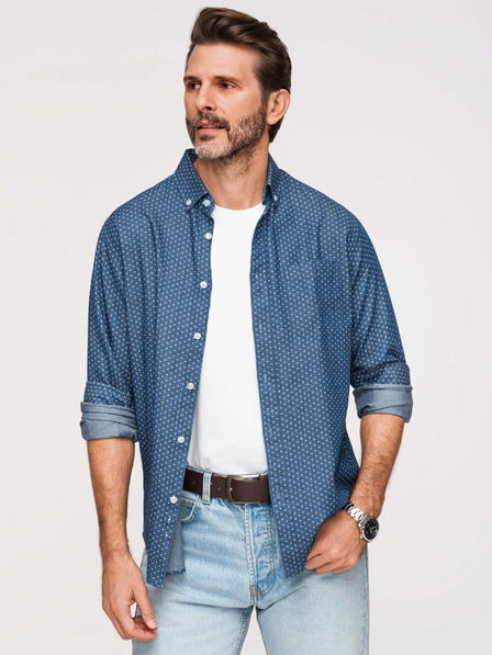 Ombre Clothing Férfi pamut ing mintával vékony denimelőből - kék V2 K702 Ombre Clothing