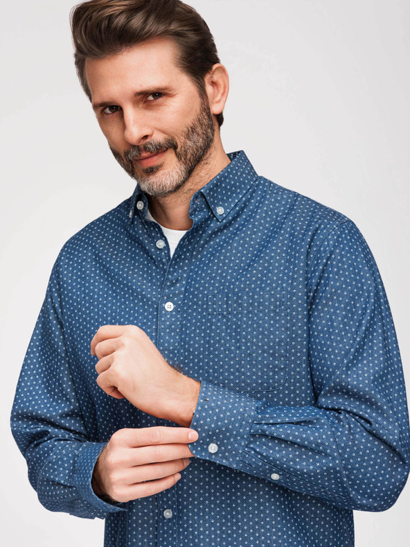 Ombre Clothing Férfi pamut ing mintával vékony denimelőből - kék V2 K702 Ombre Clothing