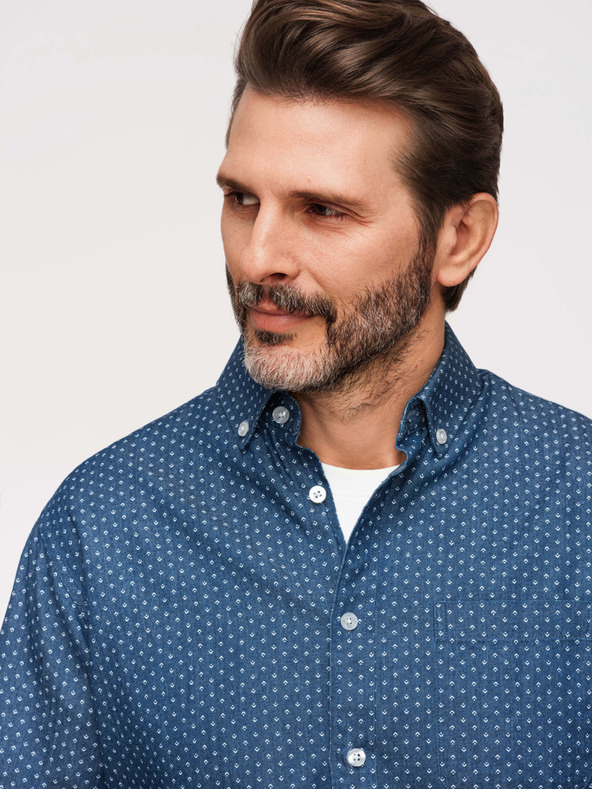 Ombre Clothing Férfi pamut ing mintával vékony denimelőből - kék V2 K702 Ombre Clothing