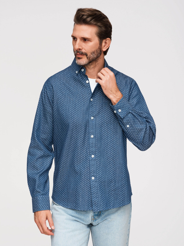 Ombre Clothing Férfi pamut ing mintával vékony denimelőből - kék V2 K702 Ombre Clothing