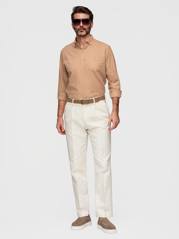 Ombre Clothing Férfi lenvászon ing klasszikus gallérral és zsebekkel REGULAR FIT - világos barna V7 OM-SHCS-0134 Ombre Clothing