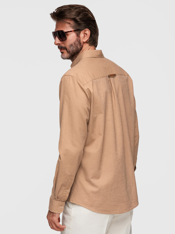 Ombre Clothing Férfi lenvászon ing klasszikus gallérral és zsebekkel REGULAR FIT - világos barna V7 OM-SHCS-0134 Ombre Clothing
